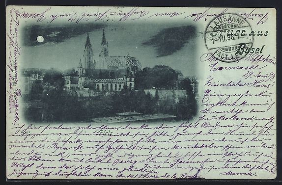 Cartoline postali: Mondschein-AK Basel, Blick auf die Pfalz – Usato da Berlin venduto da bartko-reher