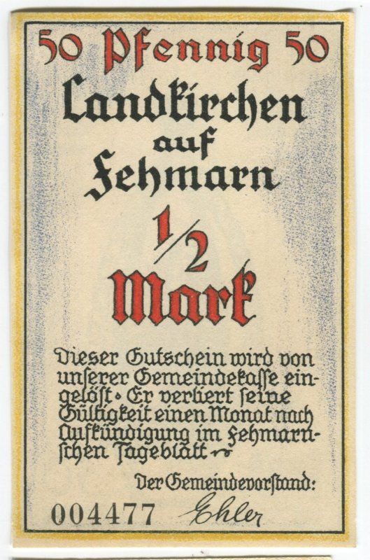 Banknoten: Notgeld "1/2 Mark. Fehmarn" – Gebraucht aus Basel von Butsch5 1
