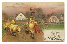 Fröhliche Ostern  Küken hoher Gast Zylinder Präge-Litho 1908