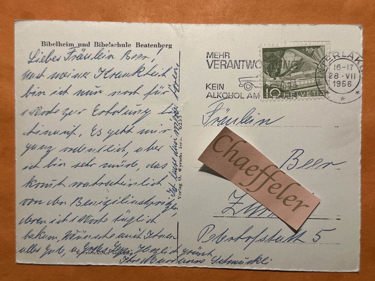 Cartoline postali: Bibelheim und Bibelschule Beatenberg, 1956 – Usato da Zürich venduto da Chaeffeler 1