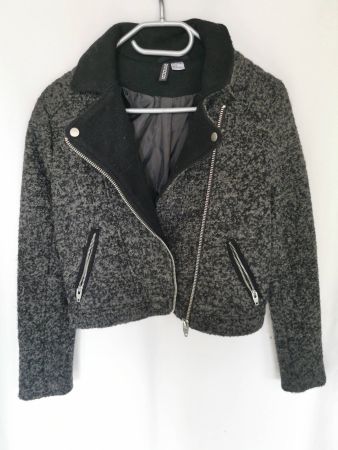 H&M Bouclé Jacke, Grau/Schwarz, Grösse XS