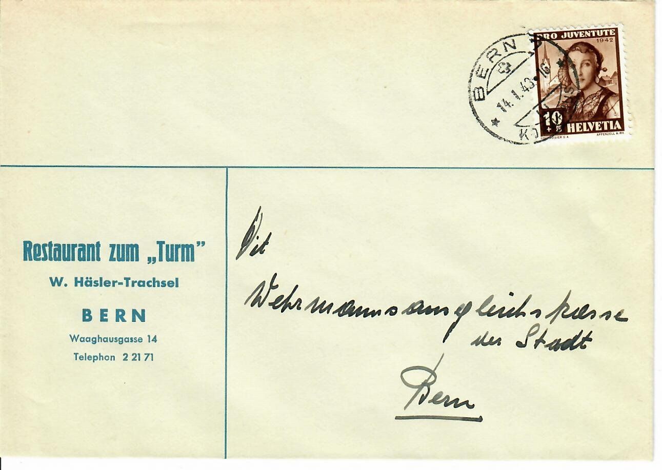 Tutti i francobolli: Brief, Restaurant zum Turm Bern 1943 – Usato da Hochdorf venduto da Ziegel-16