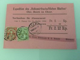 1888, Zunr. 58A, 61A, Chur - Madulein Nachnahme-Karte