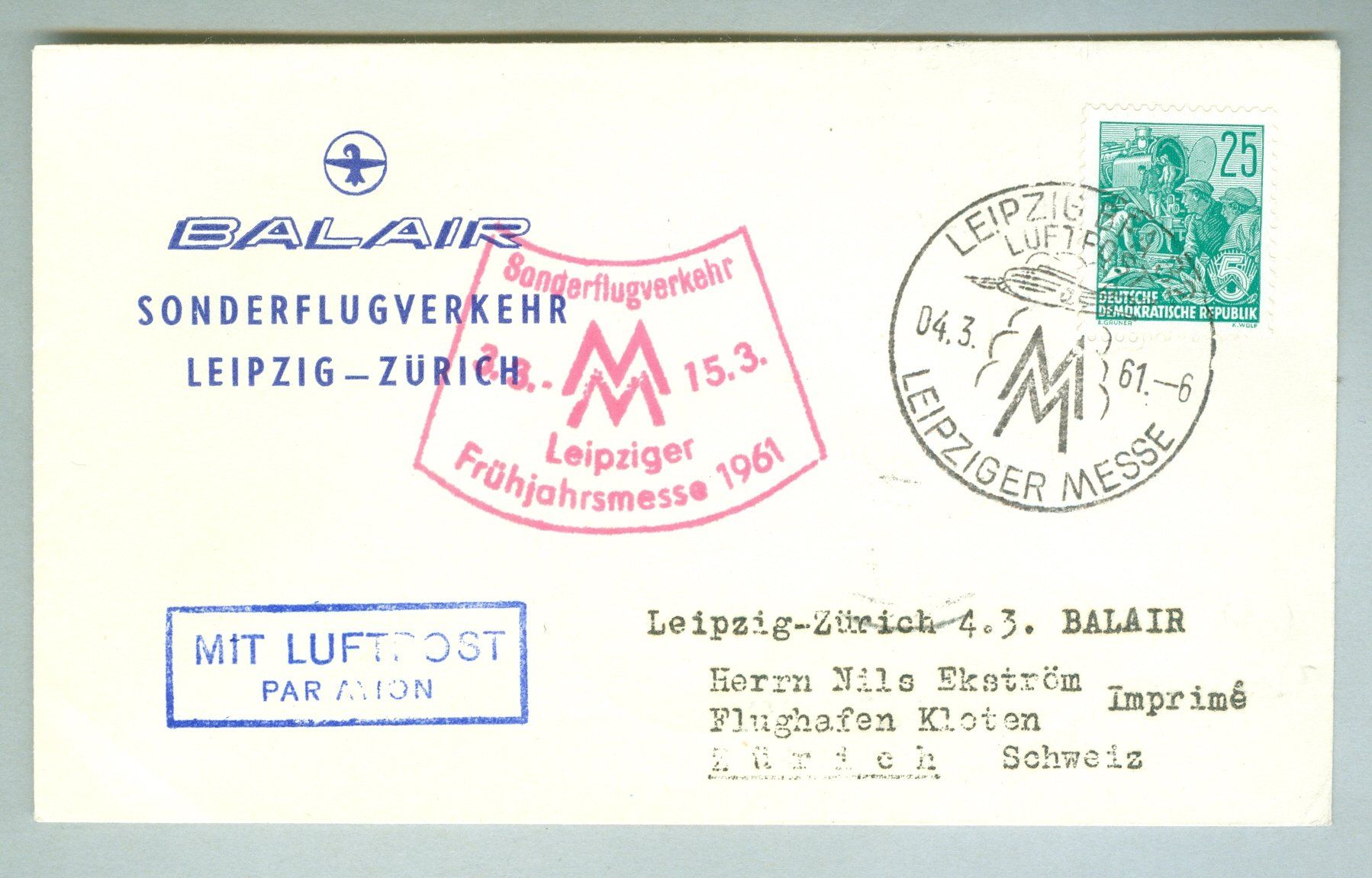 Tutti i francobolli: 1961 DDR Flugpost SF – Usato da Zürich venduto da yago-rot