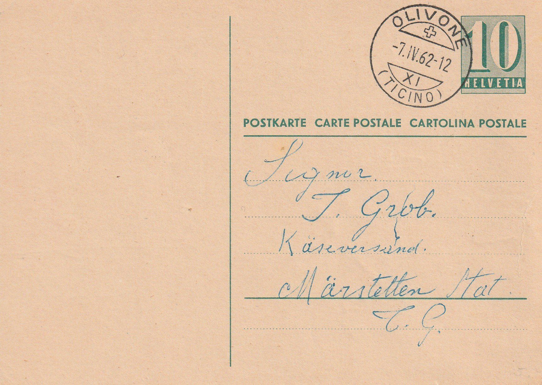 Alle Briefmarken: Postkarte-Olivone-1962 – Gebraucht aus uttwil von Koehlerfred