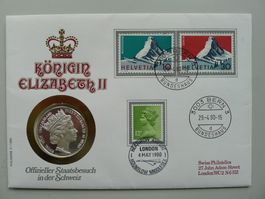 1980 Numisbrief: Königin Elisabeth II in der Schweiz +Silber
