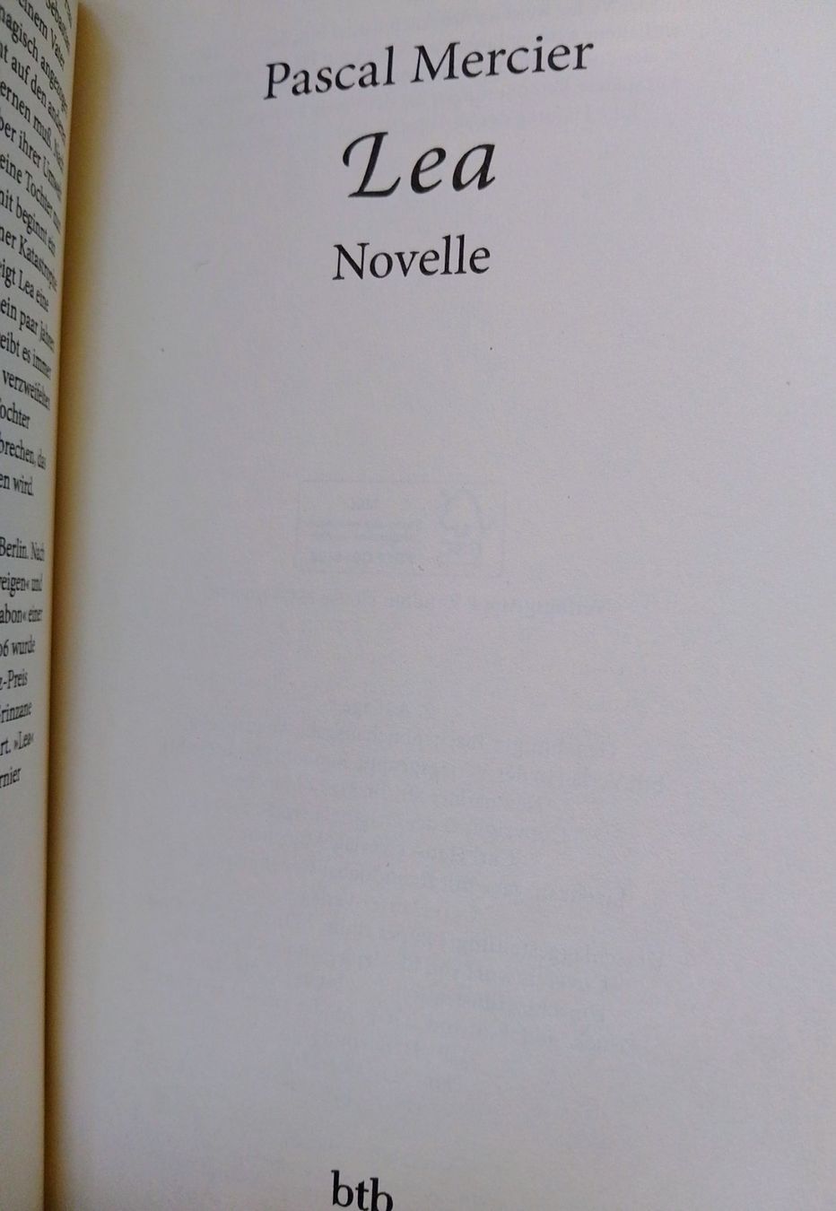 Libri: Pascal Merrcier : LEA. Novelle.  Peter Bieri – Usato da Zürich venduto da Flitzi2005 4