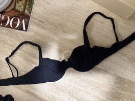 Black Bikini Top Underwired Ribbed Size S