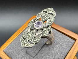 Antiker Silberring 925 Markasiten und Amethyst – Art Déco