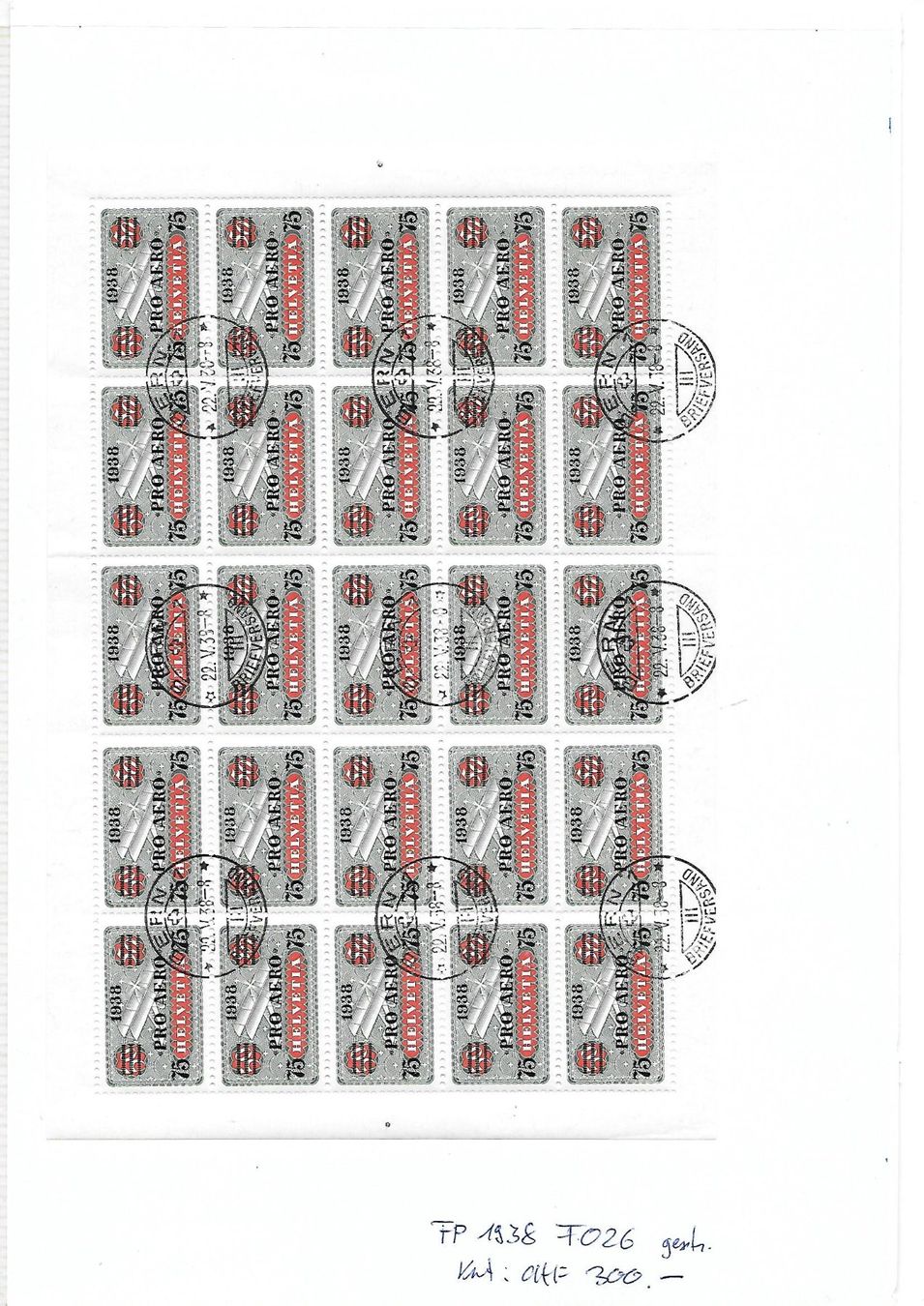 Tutti i francobolli: FP  F026 1938 gest. Kat: CHF 300.- – Usato da Basel venduto da Ilp