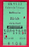 KARTON BILLETT, BELLINZONA - ZÜRICH, 1.KLASSE, RETOUR