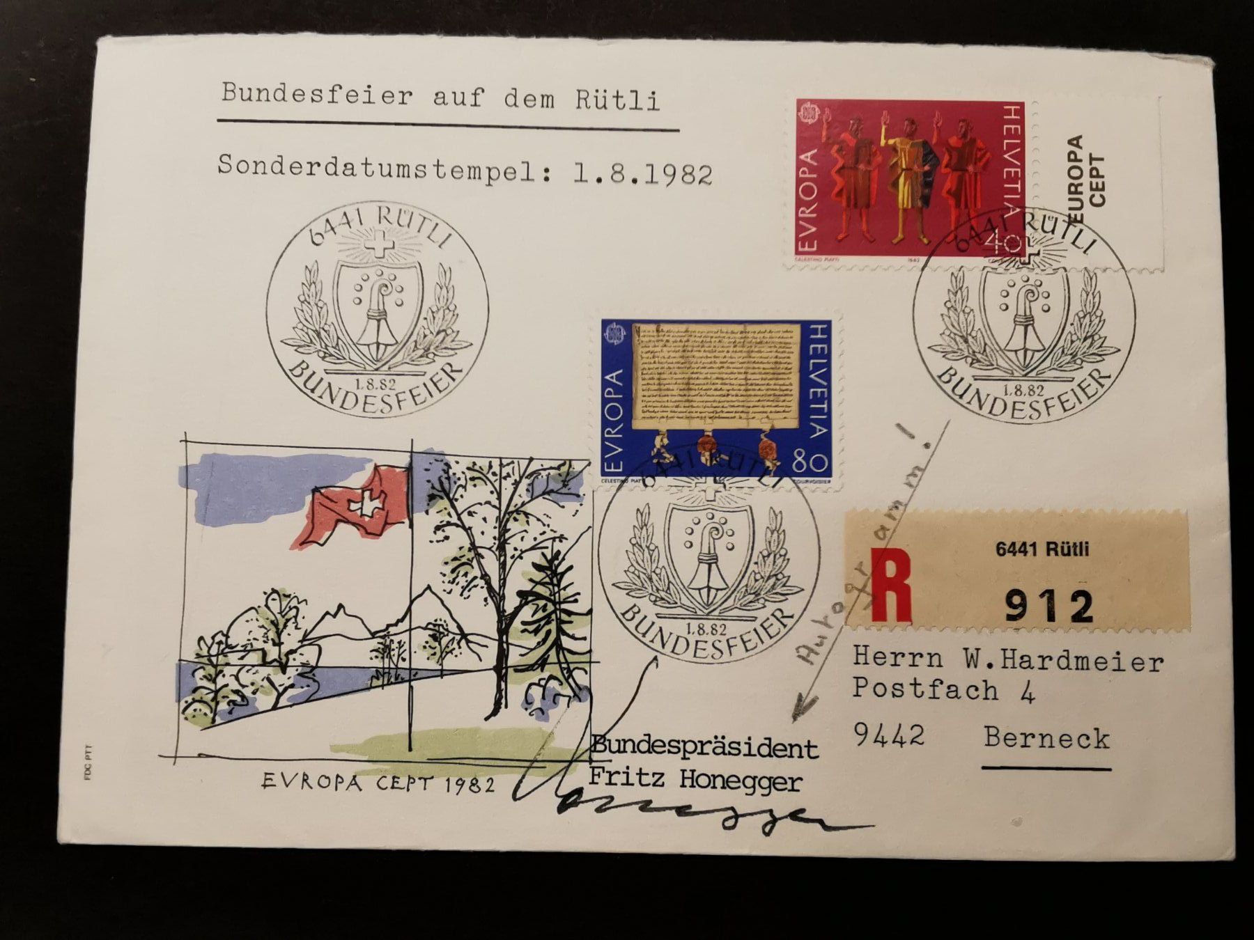 Autografi: Autogramm    Ganzsache   Rütli  Bundesrat  Honegger  1982 – Usato da Rheineck venduto da kat_7gld