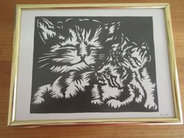 Katzenbild Scherenschnitt, signiert 95
