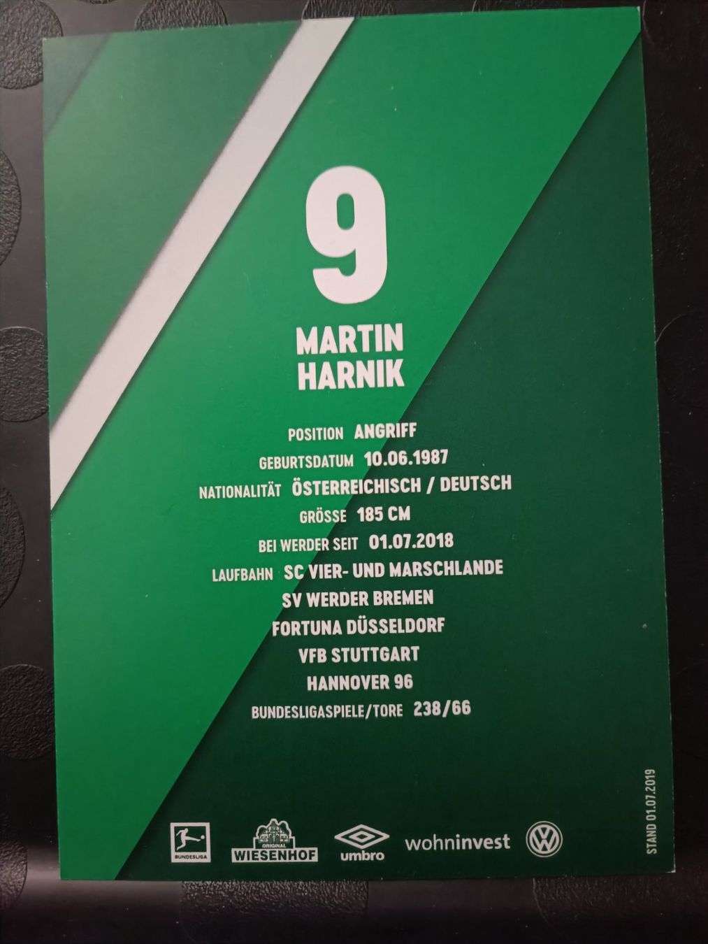 Autografi: Martin Harnik - Werder Bremen - handsignierte Autogrammkarte – Usato da Menziken venduto da Artographs 1