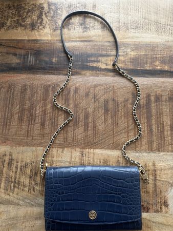 Tory Burch Umhängetasche blau Krokoprägung Leder gold