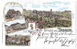 Trogen farbige Lithografie 4 Bilder Dorfplatz Kantonsschule