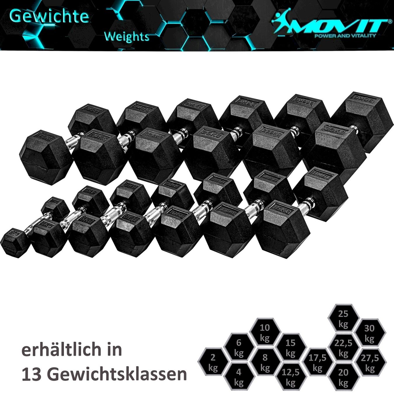 Hanteln & Gewichte: MOVIT Hexagon Rubber Hanteln 2 x 15 Kg – Neu und originalverpackt aus Bottighofen von zaap 3