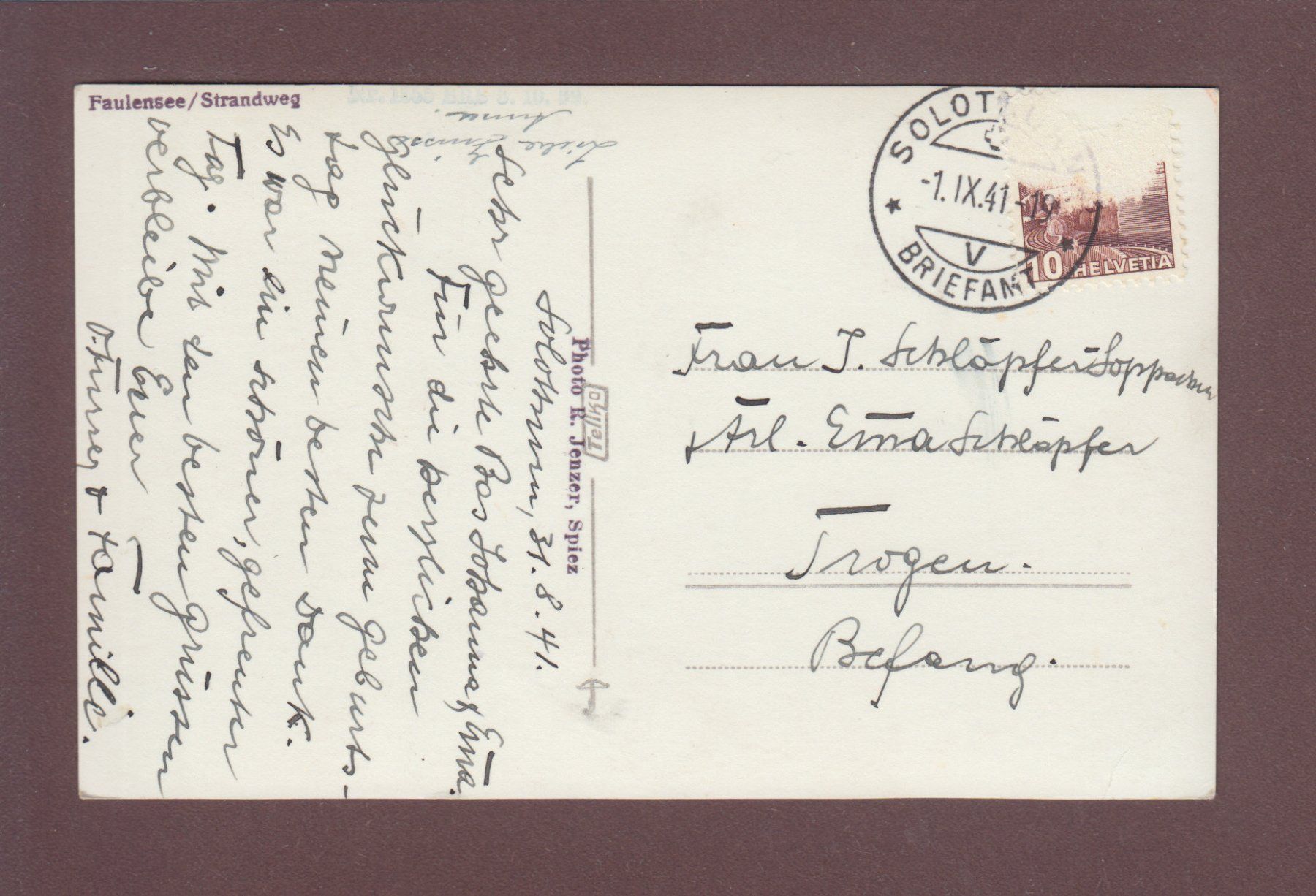 Cartoline postali: FAULENSEE - Strandweg - 1941 – Usato da Pully venduto da nicecards 1