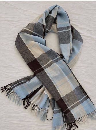 Blue & Grey Checkered Scarf with Fringe