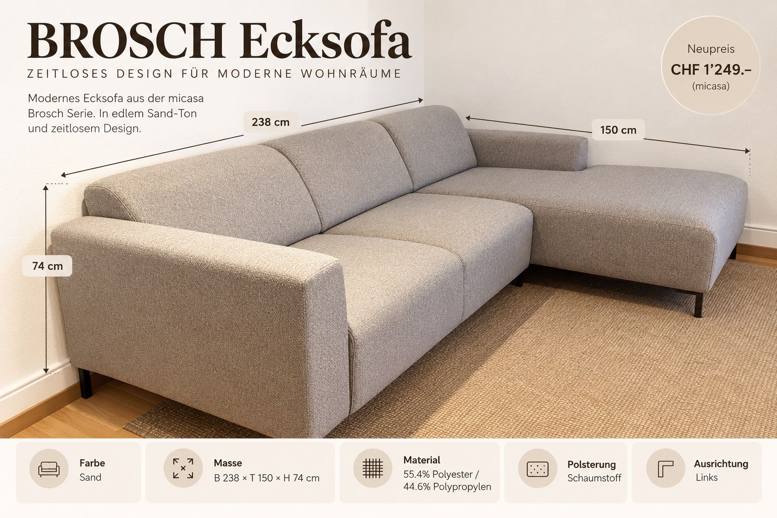 Micasa Sofas: Micasa Ecksofa «Brosch», hellgrau, neuwertig – Gebraucht aus Zürich von leo_6pq7