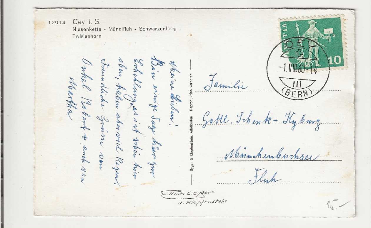 Cartoline postali: Oey, 1960 – Usato da Spiez venduto da Niesen20 1