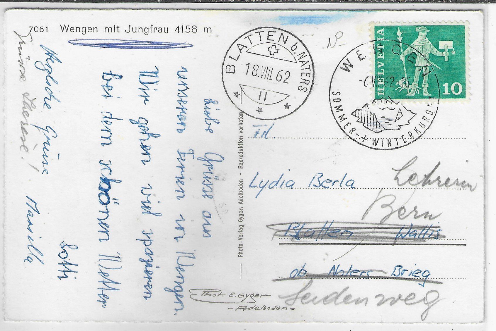 Cartoline postali: Wengen mit Jungfrau - Photo: E. Gyger – Usato da Ettingen venduto da Kartenplanet 1