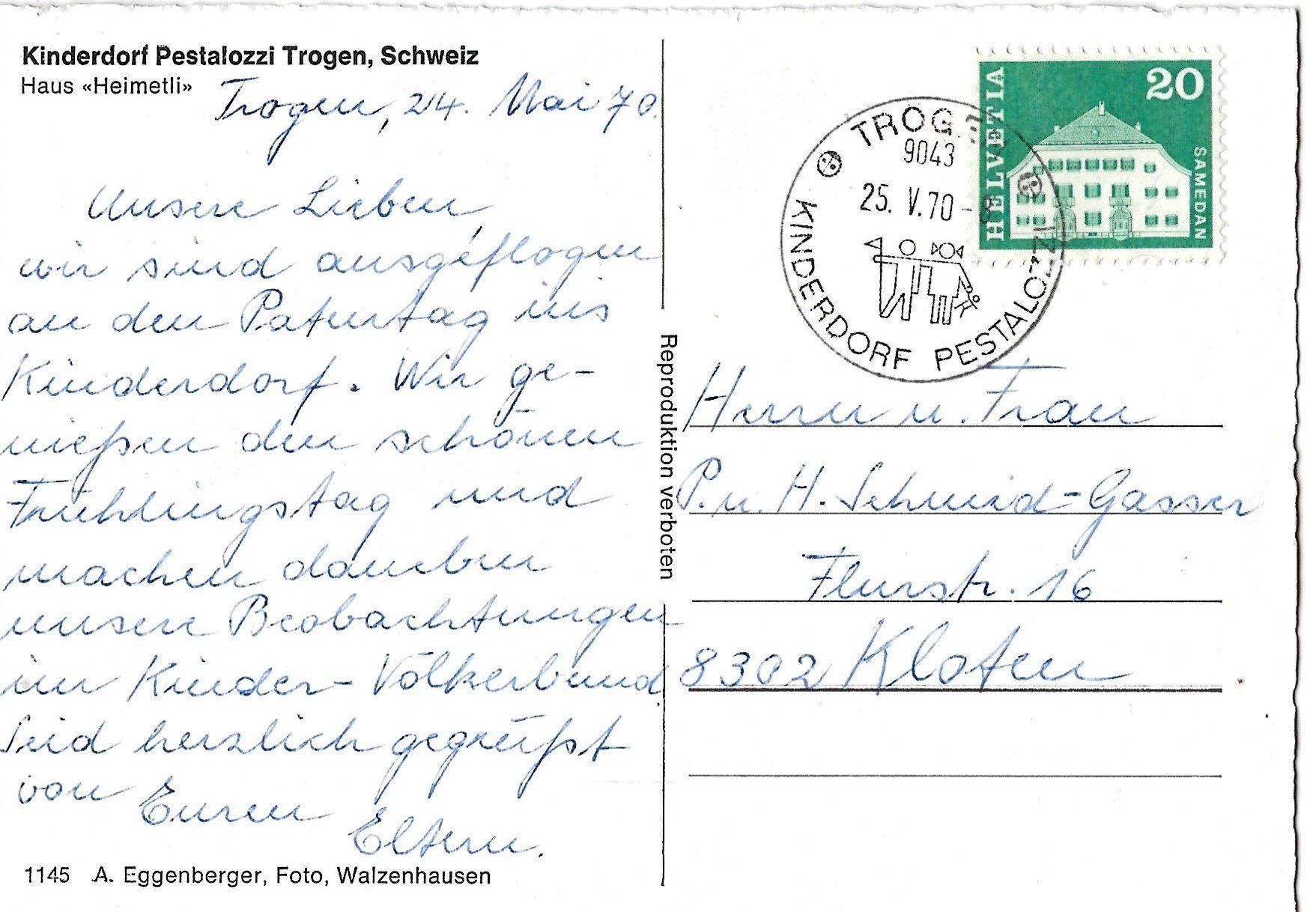 Cartoline postali: Kinderdorf Pestalozzi, Trogen, 1970 – Usato da Frauenfeld venduto da Merk52 1