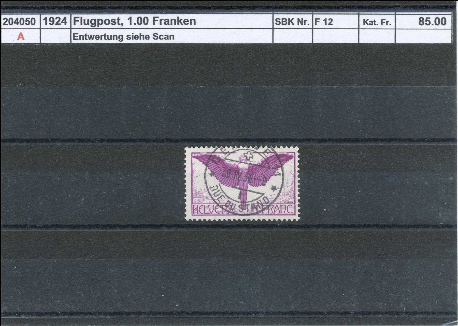 Tutti i francobolli: 1924 Flugpost - 1.00 Fr., gestempelt – Usato da Winterthur venduto da Zupogeru