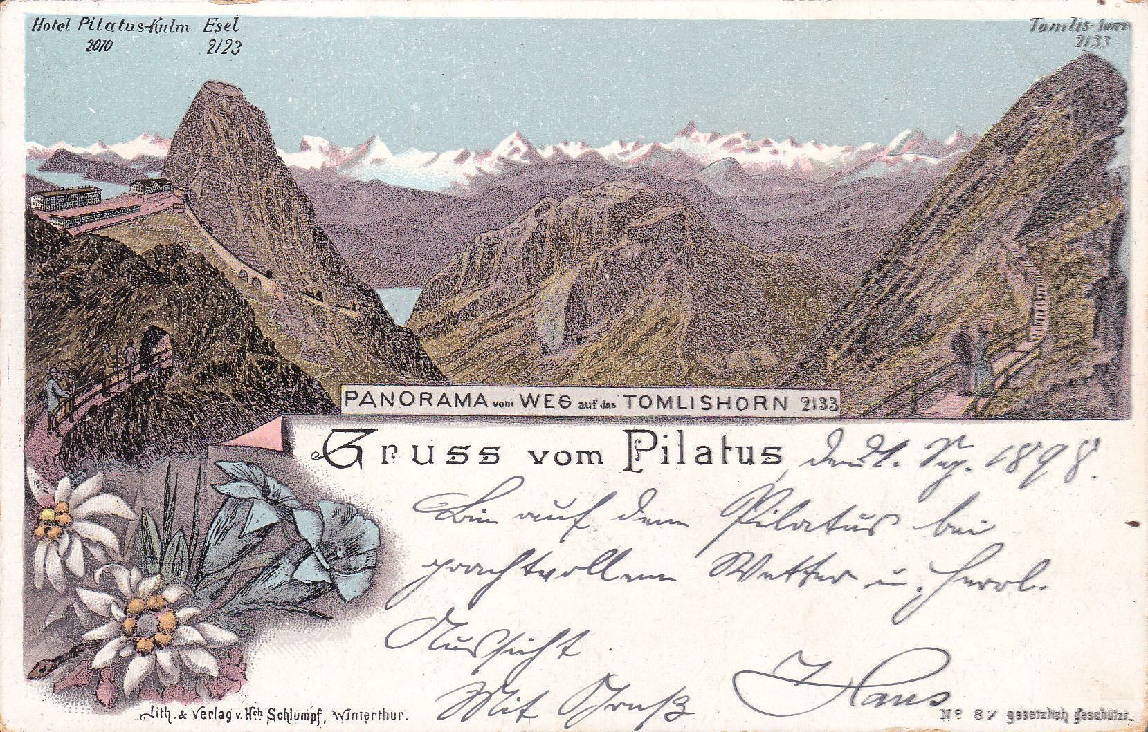 Grafica & Litografie: 1898, Lithokarte "Gruss vom Pilatus" – Usato da Wenslingen venduto da riger11