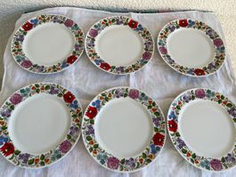 6 Dessert Teller Kalocsa Handpainted Ungarn, Ø 19cm, Vintage