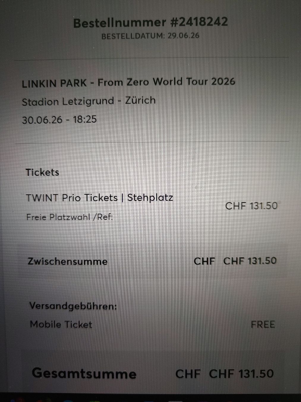 Tickets: linkin park stehplatz 30.06.2026 – Neu (gemäss Beschreibung) aus Zürich von Chutonio