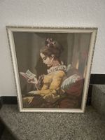 Gobelin Bild lesende Frau mit Holzrahmen guter Zustand