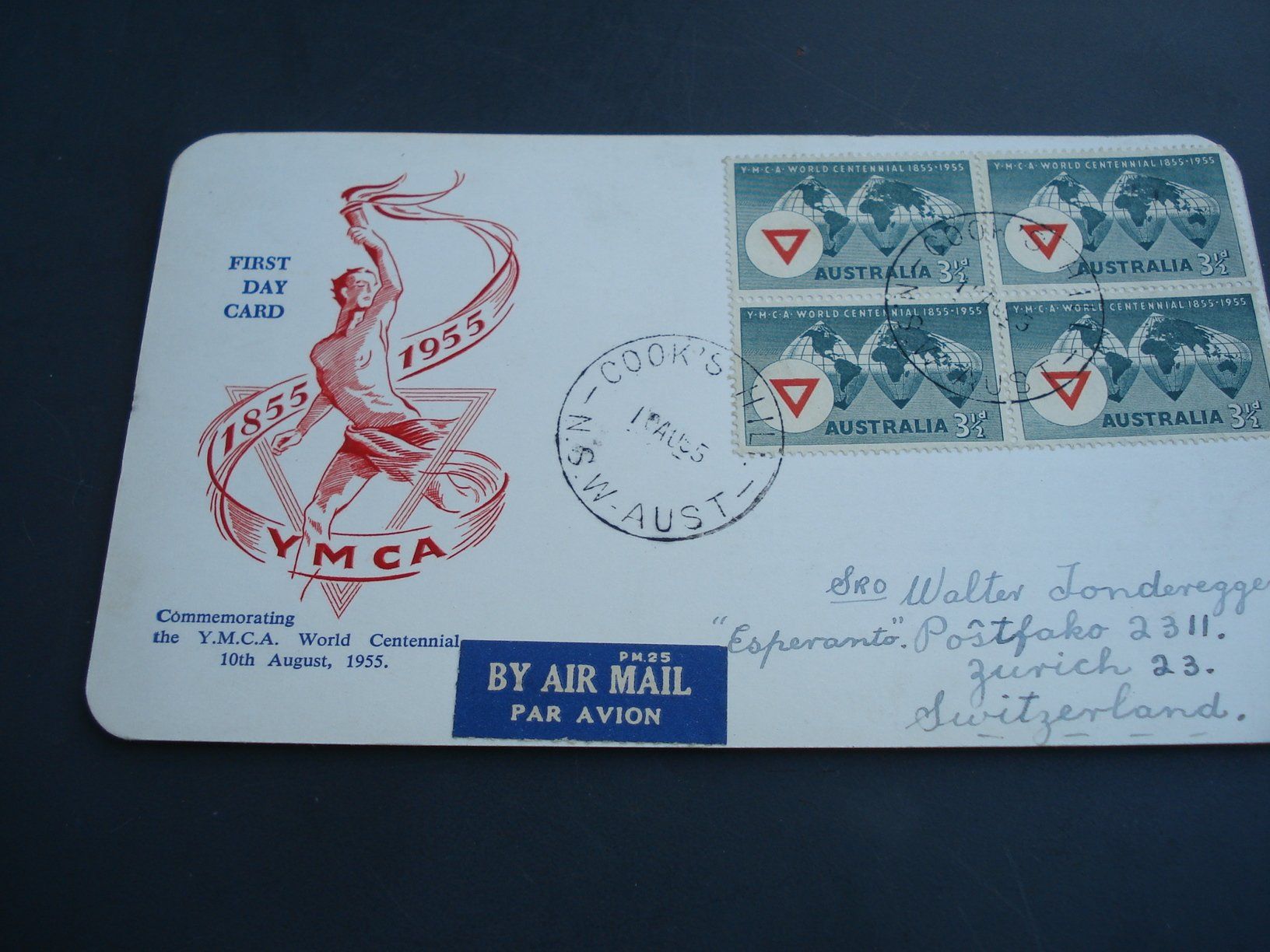 Alle Briefmarken: Australien First Day Card 1955, 4erblock YMCA Centennial – Gebraucht aus Niederwil AG von morostahu