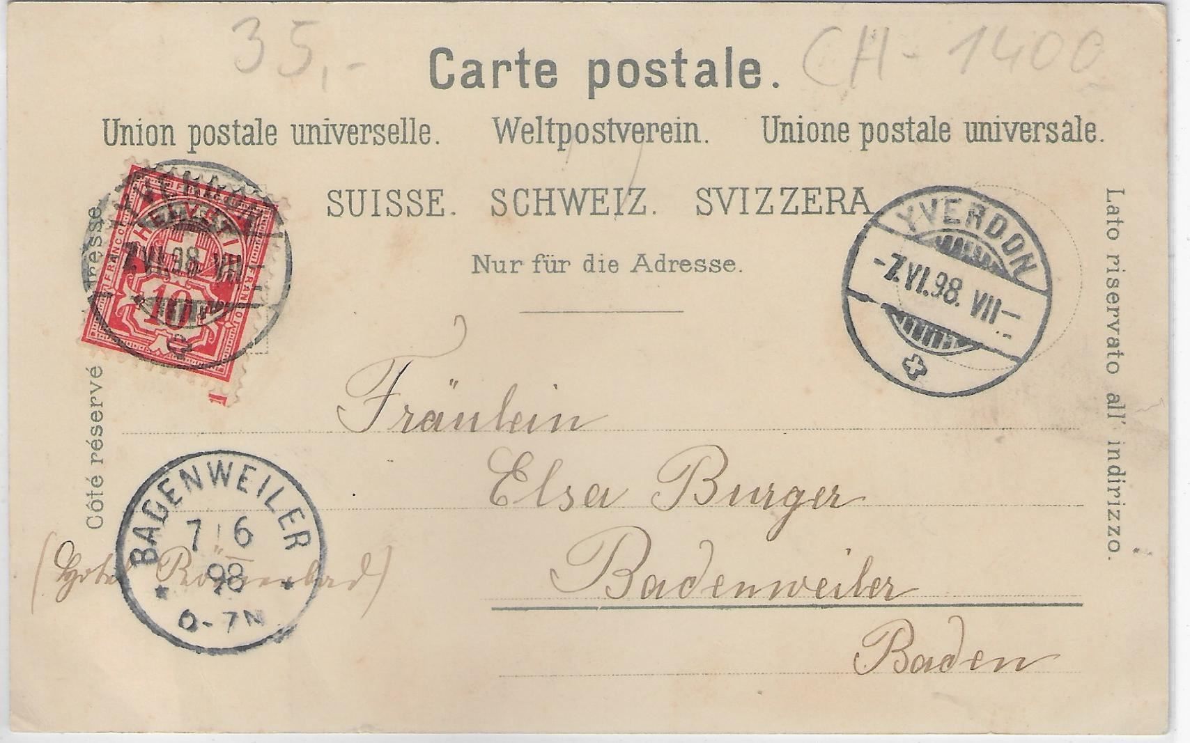 Cartoline postali: Souvenir de Yverdon - Litho 1898 – Usato da Ettingen venduto da Kartenplanet 1