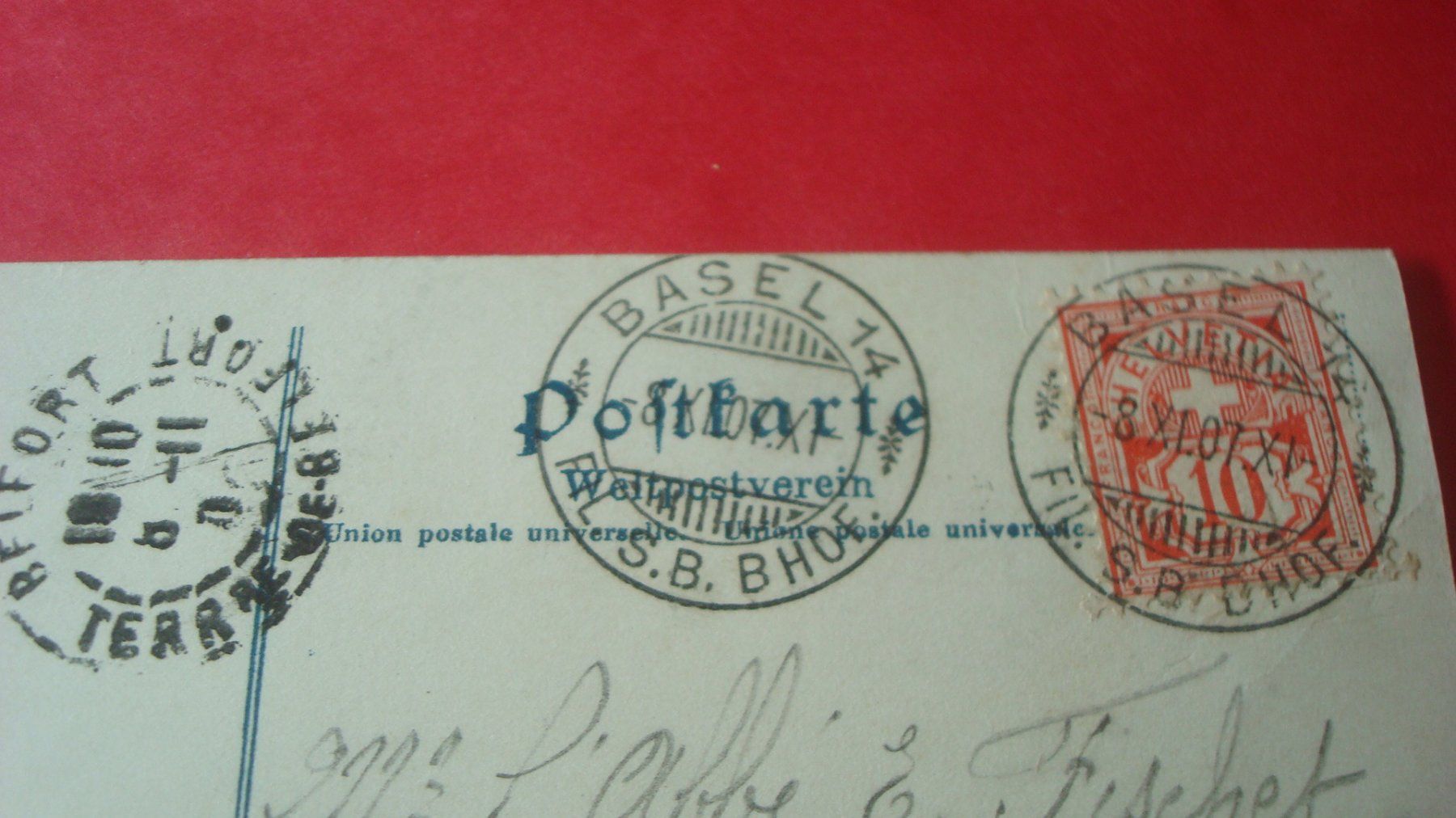 Cartoline postali: AK Basel Strassburger Denkmal mit Bahnhof belebt 1907 – Usato da Münchenstein venduto da Pesci6 2