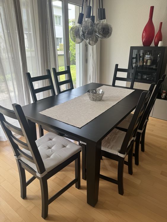 Esstisch Ikea schwarz braun ausziehbar + 8 Stühle/ Kissen Kaufen auf