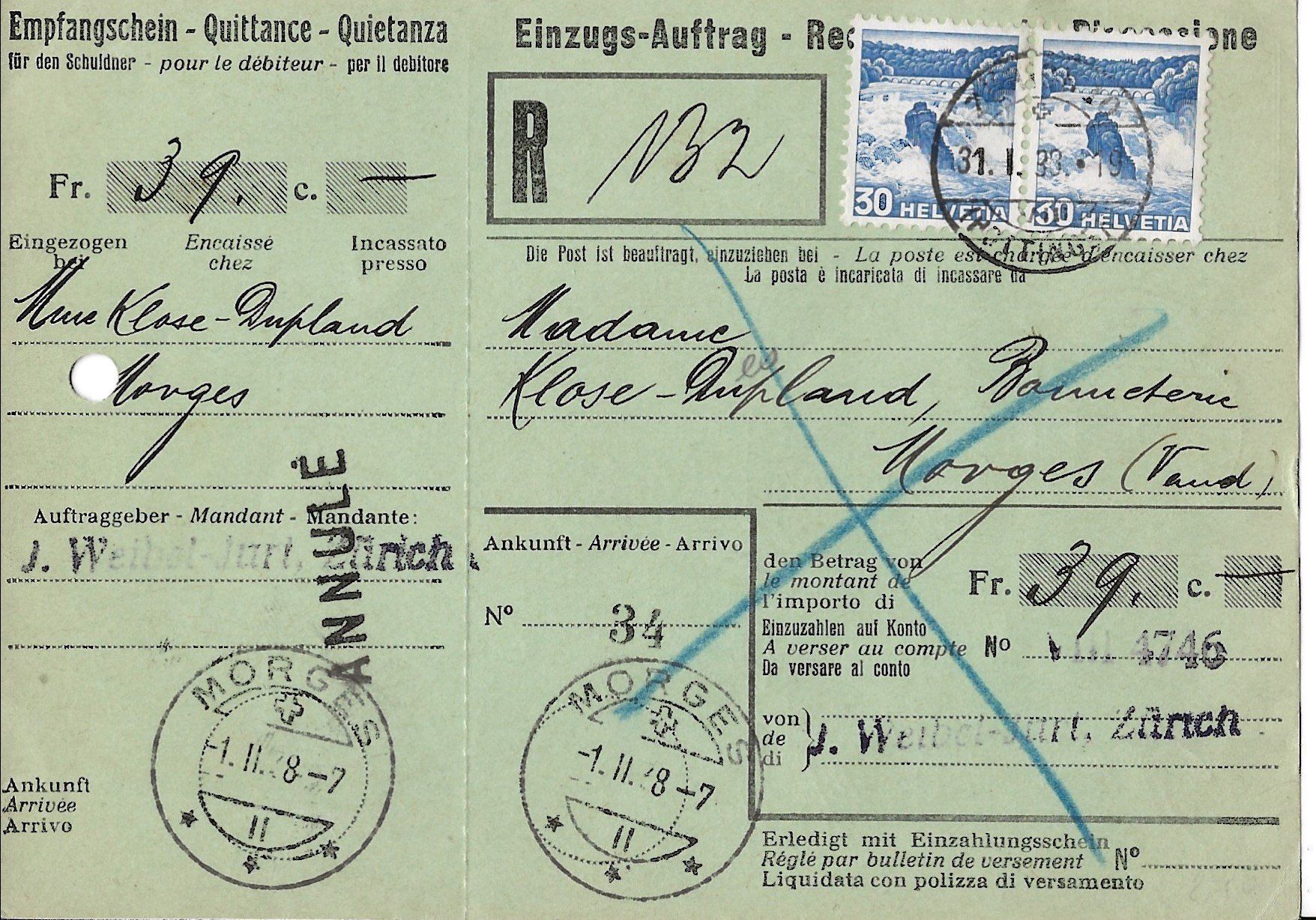 Tutti i francobolli: R-Brief, Einzugsauftrag, Morges, 1938 – Usato da Frauenfeld venduto da Merk52