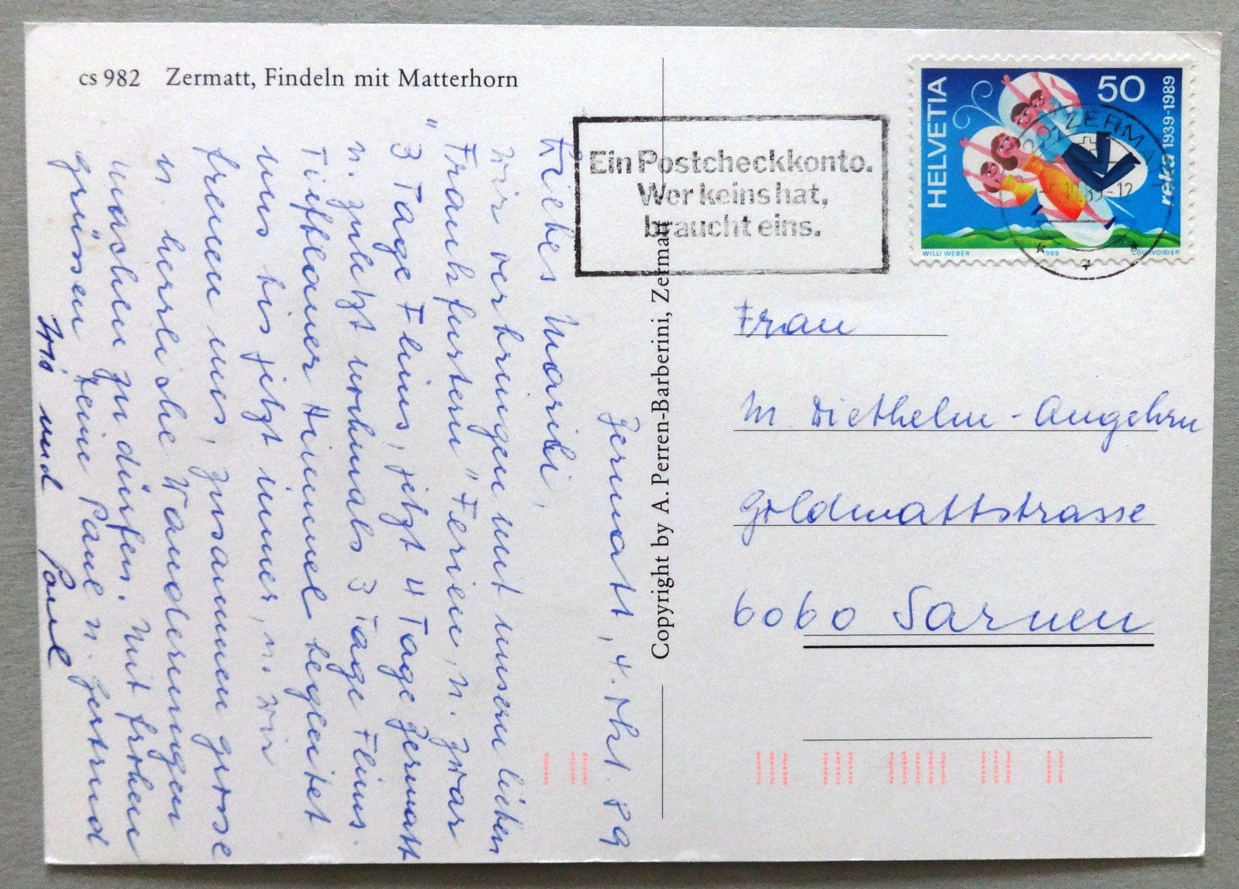Cartoline postali: Zermatt, Findeln mit Matterhorn – Usato da Fétigny venduto da Billy2miny 1