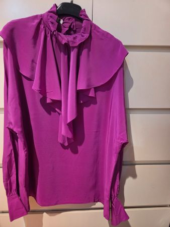 Camicia in seta 100% donna fucsia con volant collo alto tg M