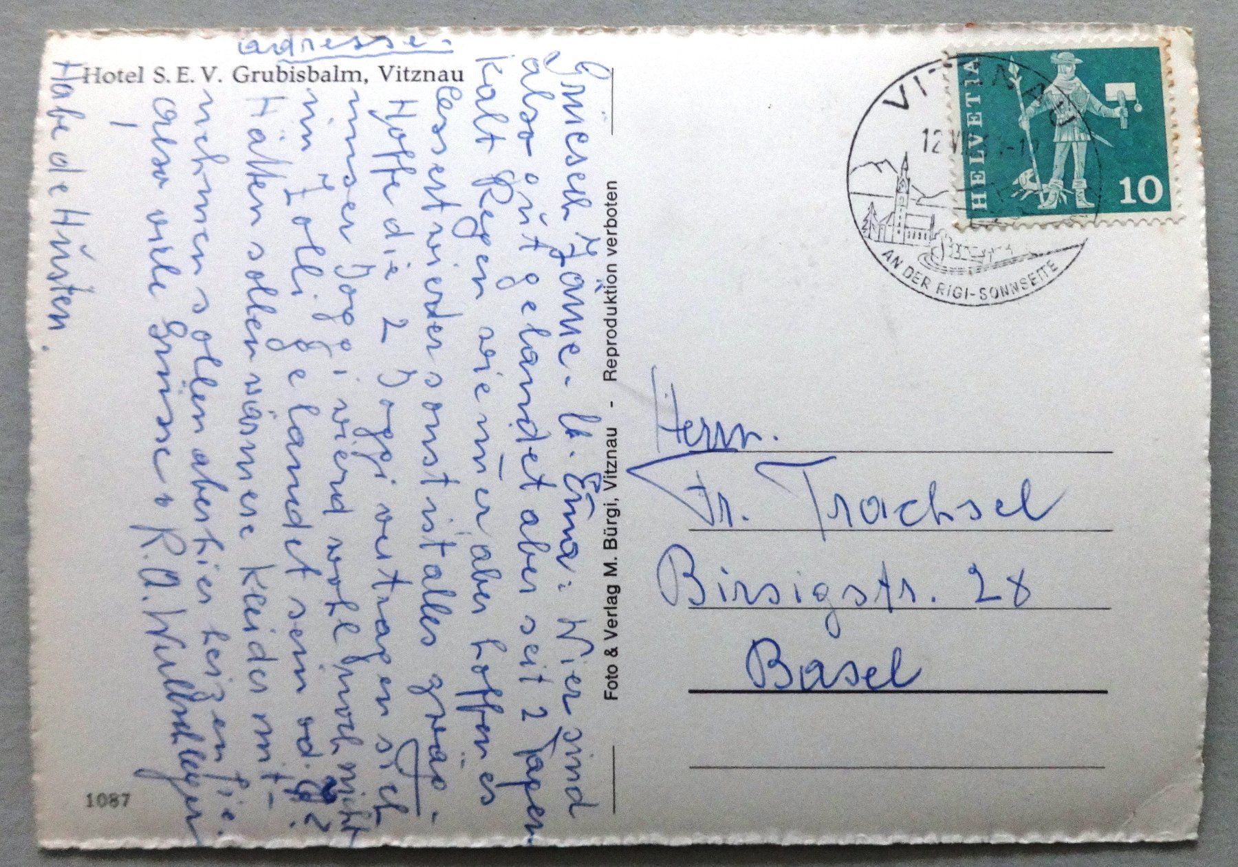 Cartoline postali: Hotel S.E.V. Grubisbalm, Vitznau – Usato da Fétigny venduto da Billy2miny 1