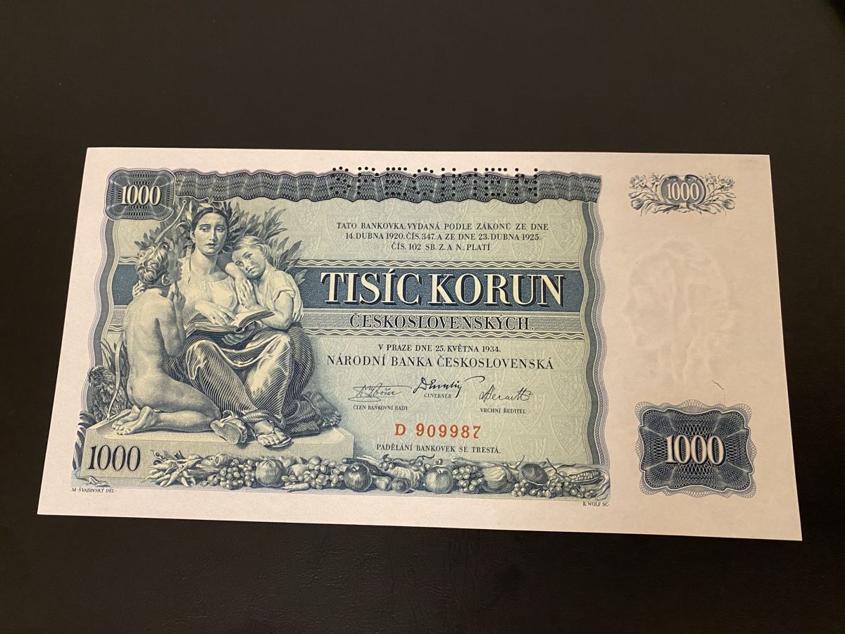 Banconote: 1000 korun 1934 bankfrisch – Nuovo (secondo la descrizione) da Dällikon venduto da Woldbanknoten