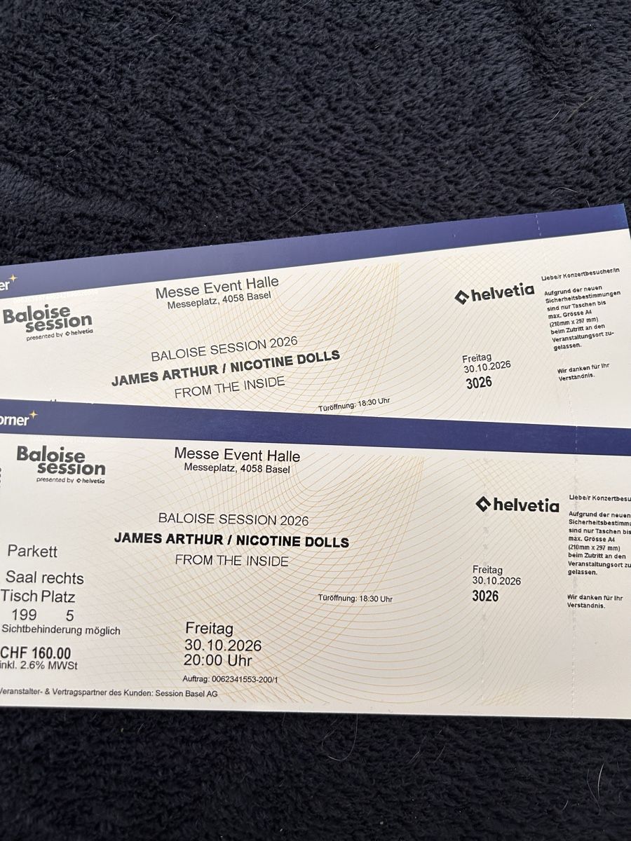 Biglietti: 2 Tickets Baloise Session James Arthur 30.10.2026 – Nuovo e nell'imballaggio originale da Basel venduto da Tabi14