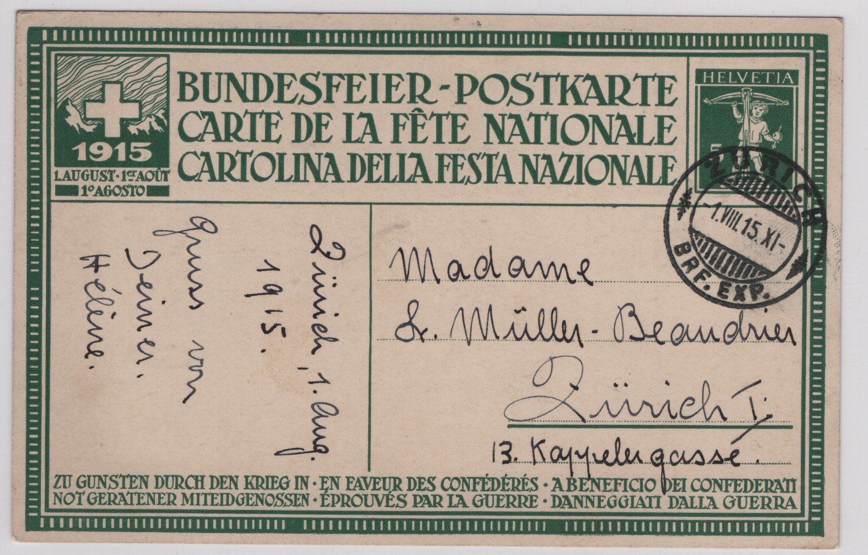 Cartoline postali: 1915 Bundesfeier-Postkarte – Usato da Gordola venduto da tist