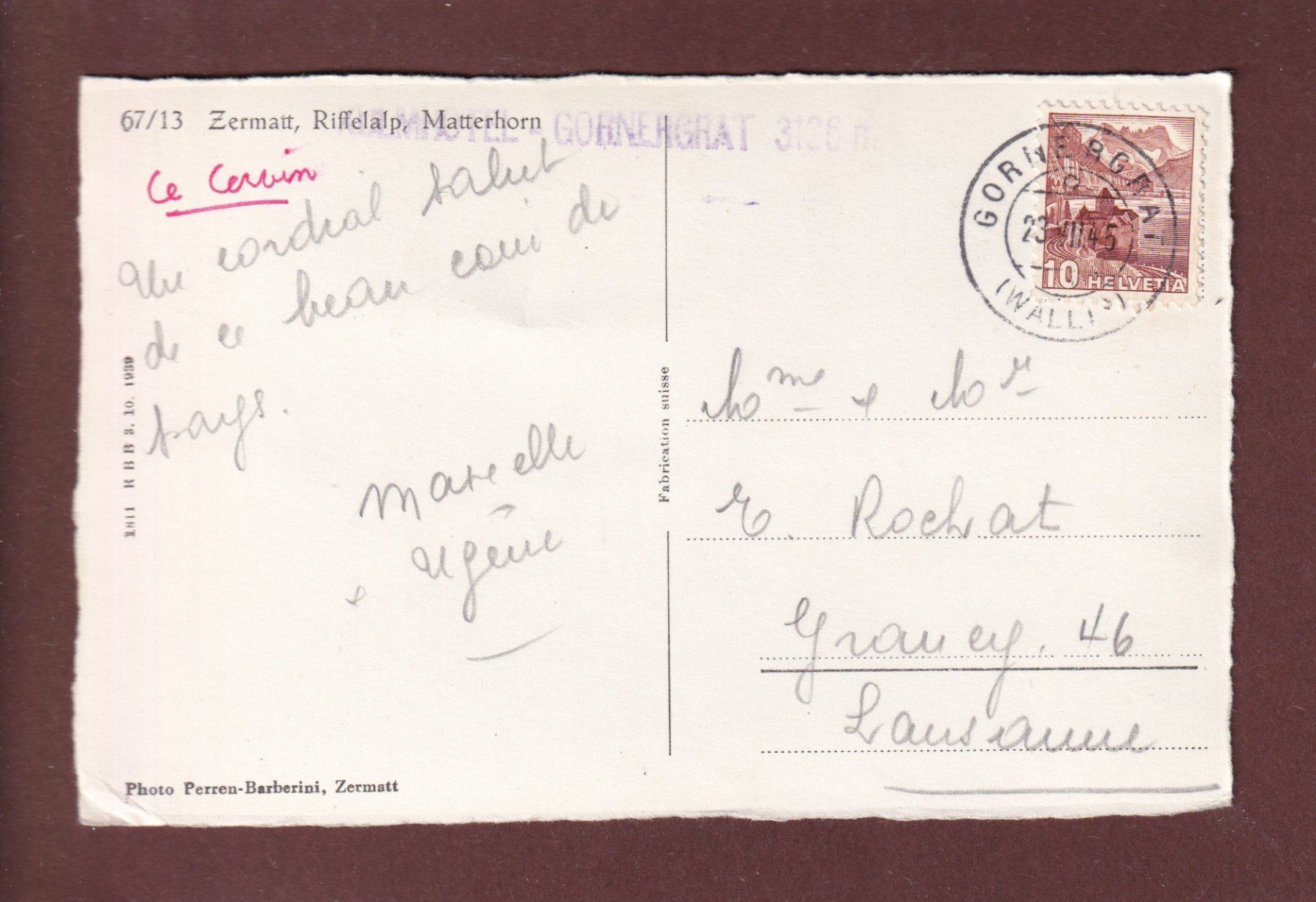 Ansichtskarten: RIFFELALP - Matterhorn - 1945 – Gebraucht aus Pully von nicecards 1