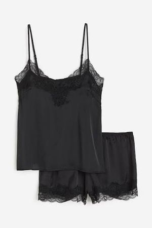 💗H&M💗 Satin Nachtwäsche Shorty Pyjama mit Spitzenbesatz M
