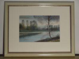 Landschaft Gewässer&Wald; G. Fiquier Originalaquarell
