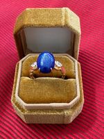 Toller neuer Damenring Silber 925 vergoldet m. blauem Stein
