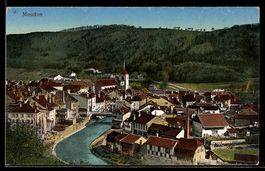 AK Moudon, Ortsansicht mit Brücke, Kirche und Fluss