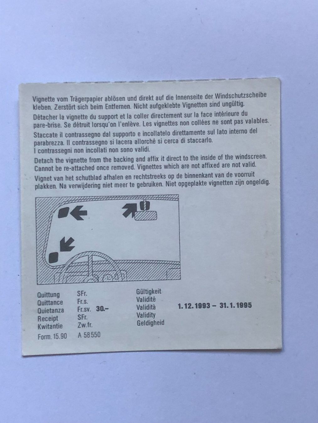 Vignette autostradali: Autobahnvignette 1994 – Usato da Ganterschwil venduto da ganterb 1