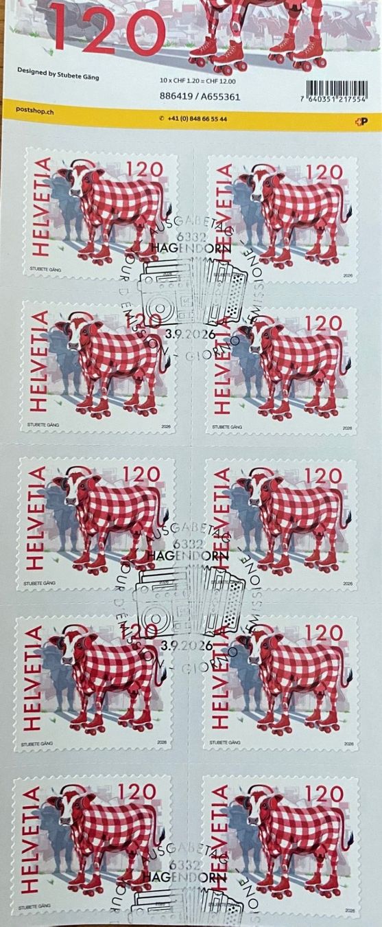 Alle Briefmarken: Bogen mit 10 Marken gest. "Designed by Stubete Gäng". – Gebraucht aus Aedermannsdorf von Sennahoy11
